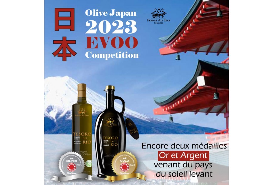 Notre huile d’olive bio Tesoro del Rio, avec ses 2 gammes Excellence et Plaisir, primée pour la 4ème année consécutive au concours « OLIVE JAPAN 2023 